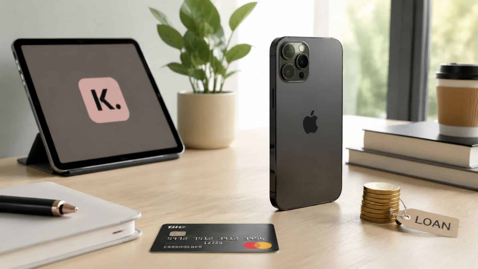 Refurbished iPhone Finance UK: Best Deals & Plans 2026 1 A black smartphone, tablet, credit card, and stack of coins labeled loan on a desk.