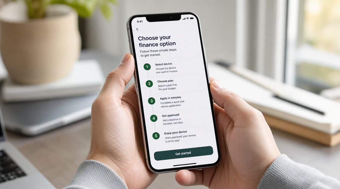Refurbished iPhone Finance UK: Best Deals & Plans 2026 3 A person holding a smartphone displaying a finance application screen with five steps for purchasing a device.