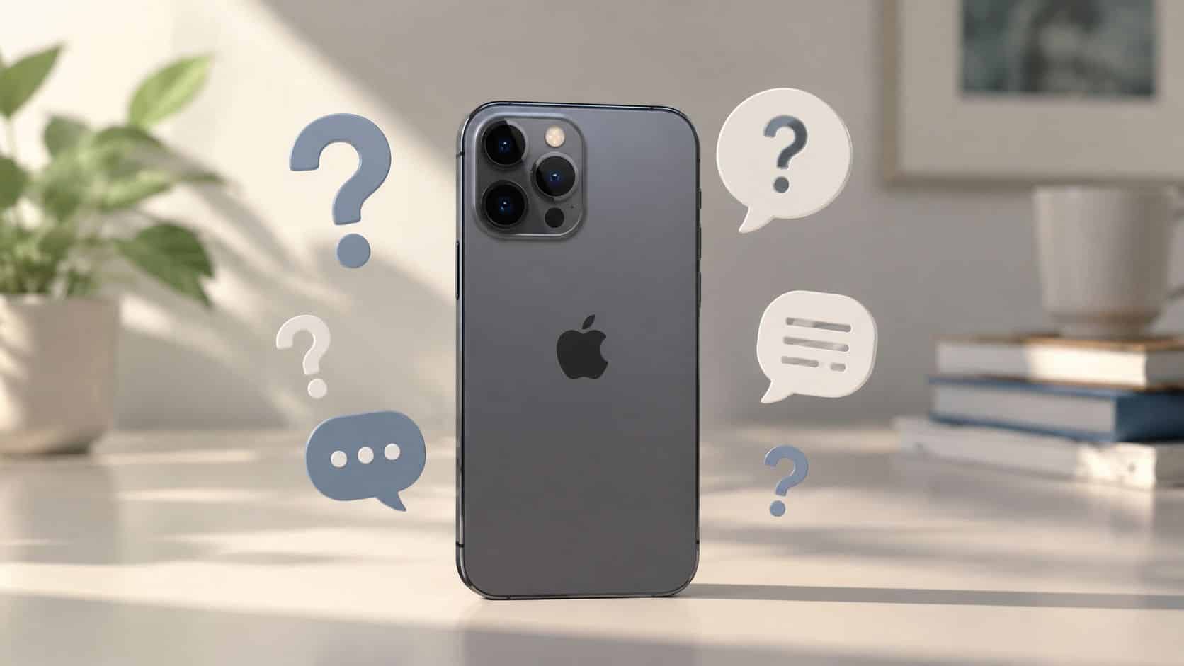 Refurbished iPhone Finance UK: Best Deals & Plans 2026 4 A modern smartphone standing on a desk surrounded by floating 3D icons of question marks and speech bubbles.