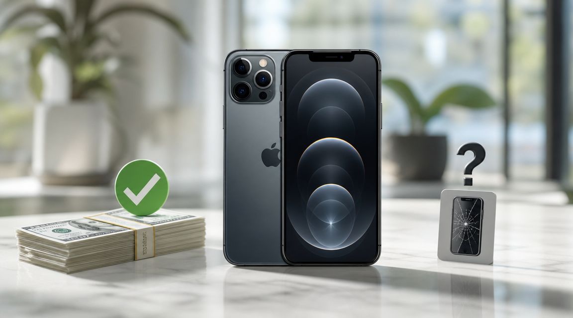 Refurbished iPhone Pros and Cons: A UK Buyer's Guide 2026 1 A new iPhone next to a stack of cash and a cracked phone with a question mark.