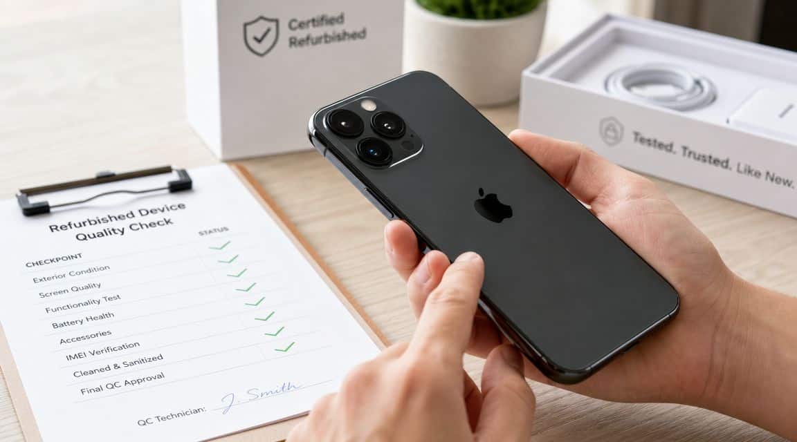 Refurbished iPhone Pros and Cons: A UK Buyer's Guide 2026 2 A technician holds a black refurbished iPhone next to a quality check checklist and box.
