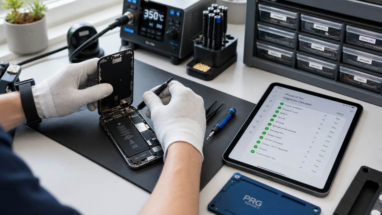 Refurbished iPhone Pros and Cons: A UK Buyer's Guide 2026 3 A technician wearing white gloves repairs an iPhone 13 Pro while checking a digital diagnostic checklist on a tablet.