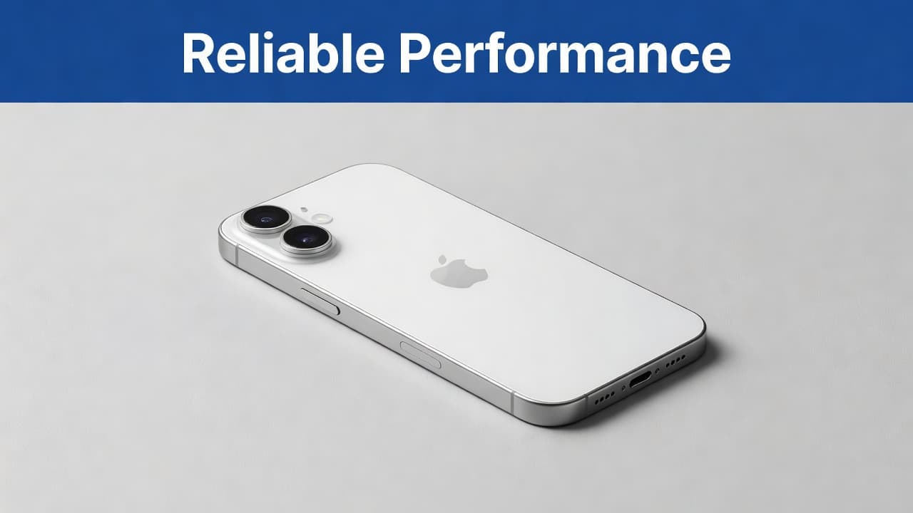 Refurbished iPhone 16 Plus Buyer's Guide for the UK 1 A sleek silver smartphone rests at a slight angle on a smooth light grey surface. The device features a prominent rear camera array and a large glass display screen under soft lighting.