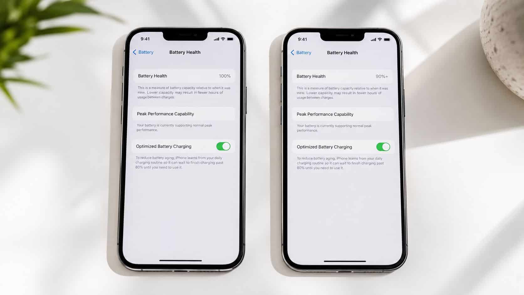 Refurbished iPhone vs New Battery Life: The 2026 Showdown 83 Two iPhones side-by-side displaying battery health settings showing 100% capacity compared to 90% plus capacity.