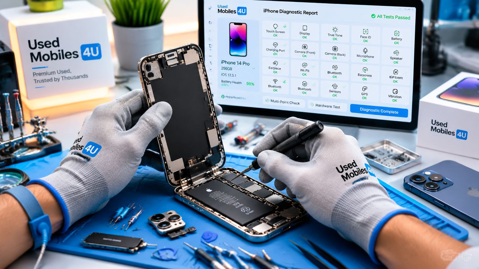 Refurbished iPhone vs New Battery Life: The 2026 Showdown 85 A technician wearing logo gloves repairs an iPhone 14 Pro while a screen displays diagnostic test results.