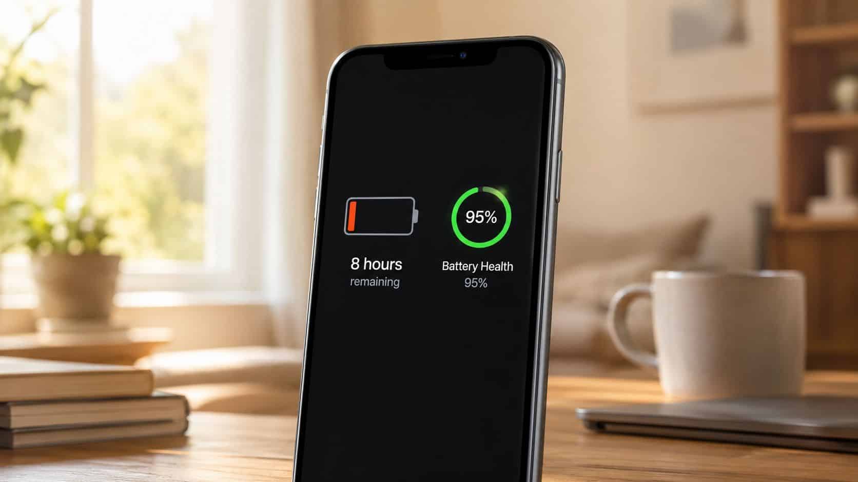 Refurbished iPhone vs New Battery Life: The 2026 Showdown 84 A smartphone display showing 8 hours of battery remaining and 95 percent battery health status.