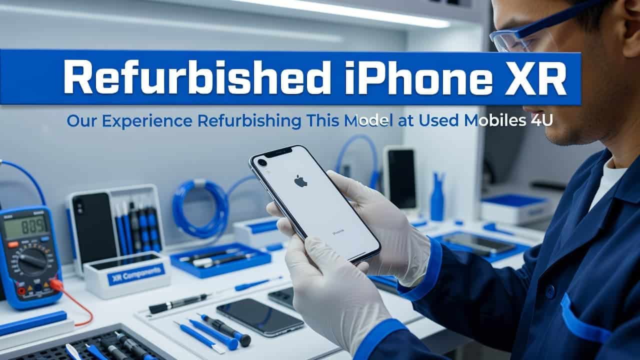 Refurbished iPhone XR Buyer's Guide for the UK in 2026 1 A technician wearing blue gloves examines a pristine refurbished iPhone XR inside a bright workshop. Specialized testing equipment and organized blue-accented components surround the device on the clean workstation table.