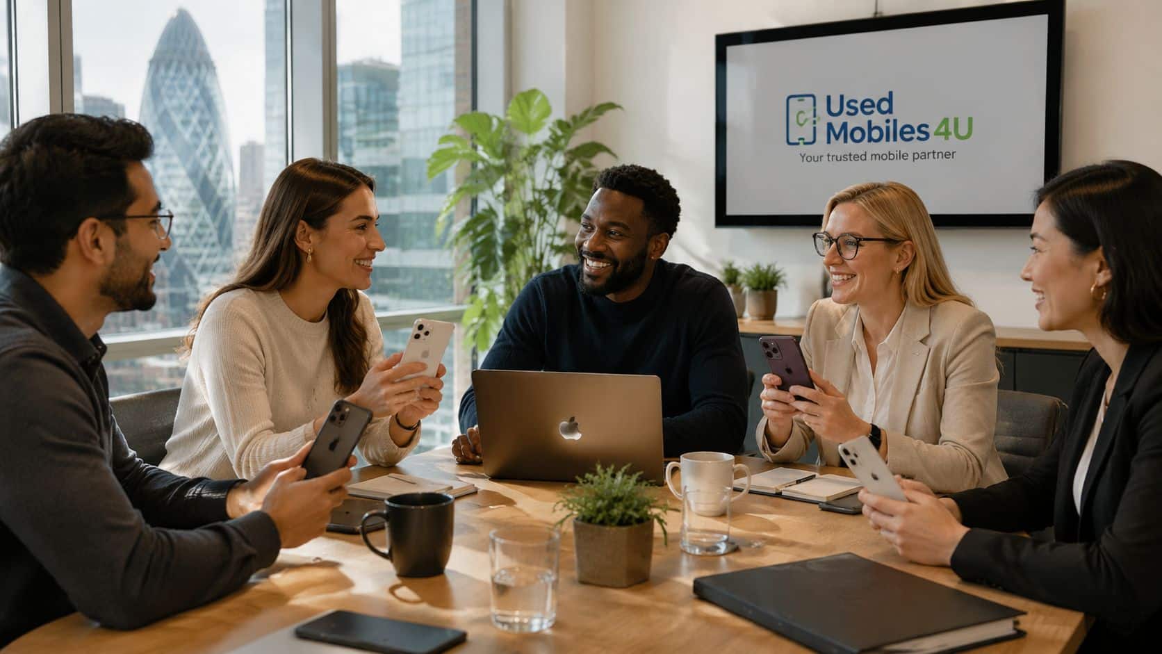 Refurbished iPhones for Business UK: Smart Choices for 2026 44 A diverse business team collaborating in a modern London office meeting with refurbished iPhones and laptops.