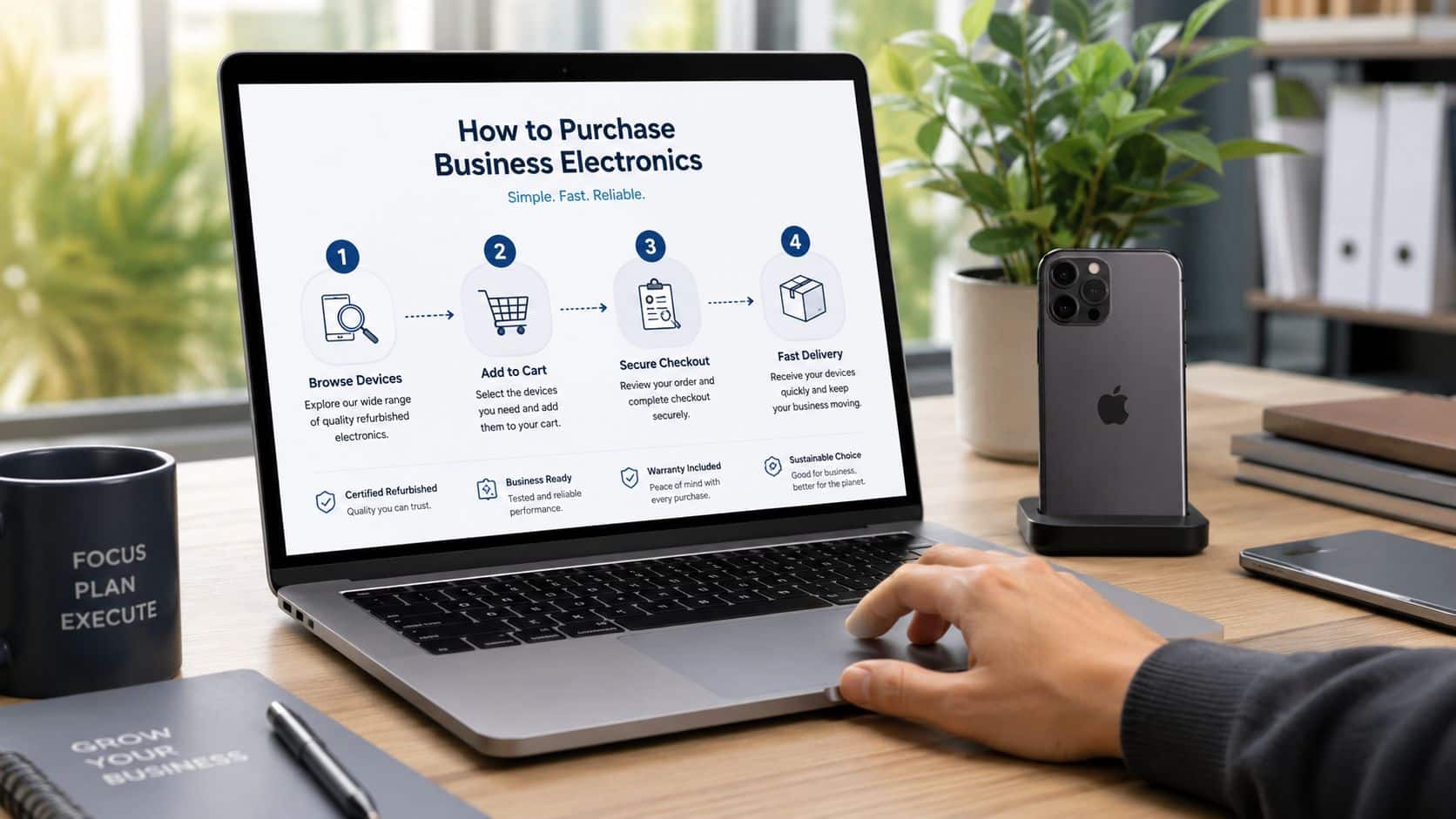 Refurbished iPhones for Business UK: Smart Choices for 2026 42 A person using a laptop to browse refurbished electronics on a website with a smartphone standing nearby.