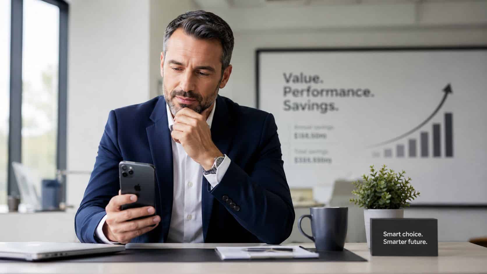 Refurbished iPhones for Business UK: Smart Choices for 2026 41 A professional businessman in a suit looks thoughtfully at his smartphone while sitting at an office desk.