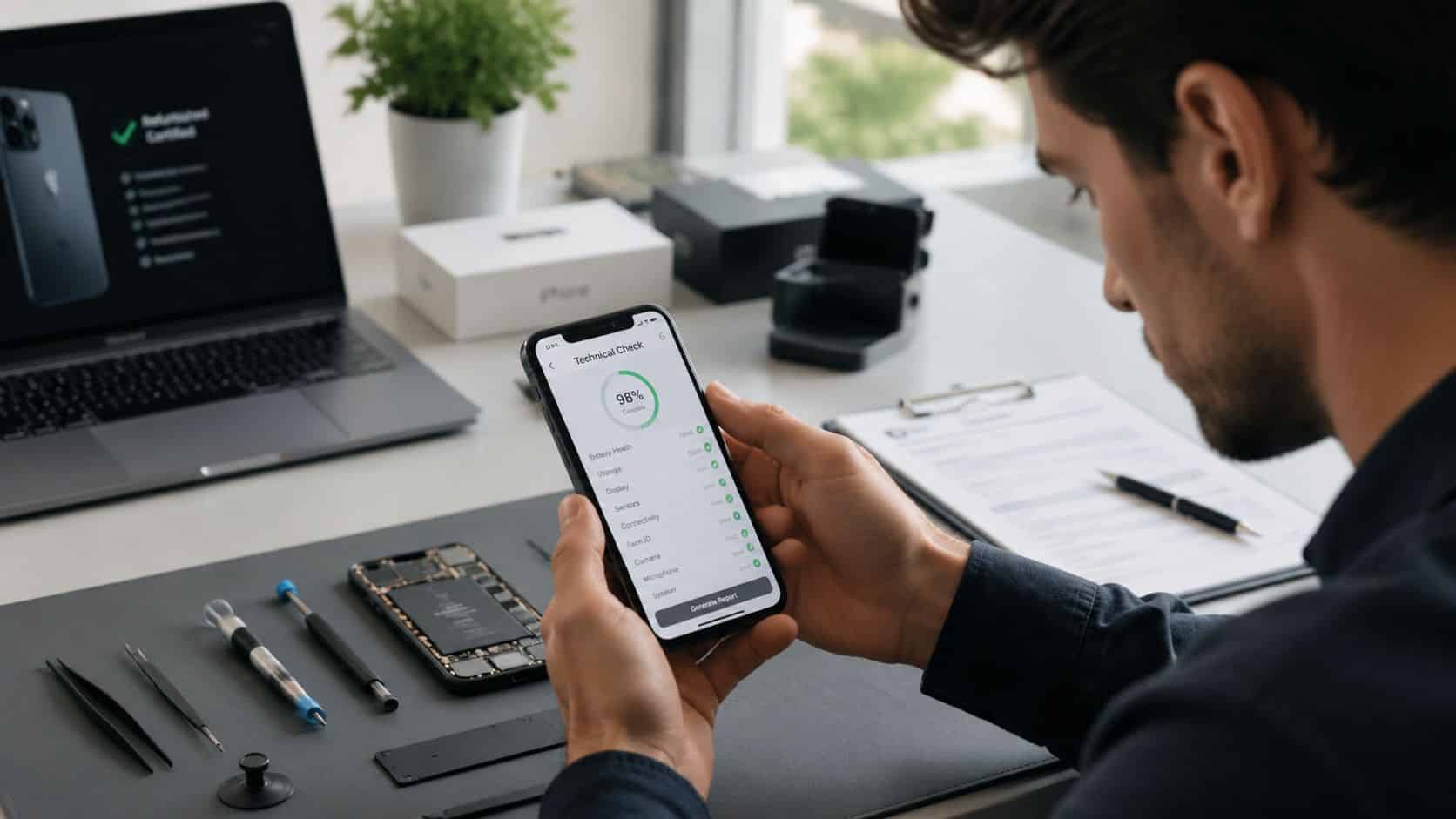 Refurbished iPhones for Business UK: Smart Choices for 2026 43 A technician inspecting a refurbished smartphone to ensure quality standards at a professional workstation.