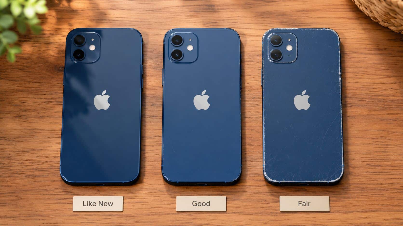 Refurbished iPhones for Students UK: Your 2026 Guide 56 Three blue iPhone 12 smartphones shown in different conditions ranging from like new to fair.