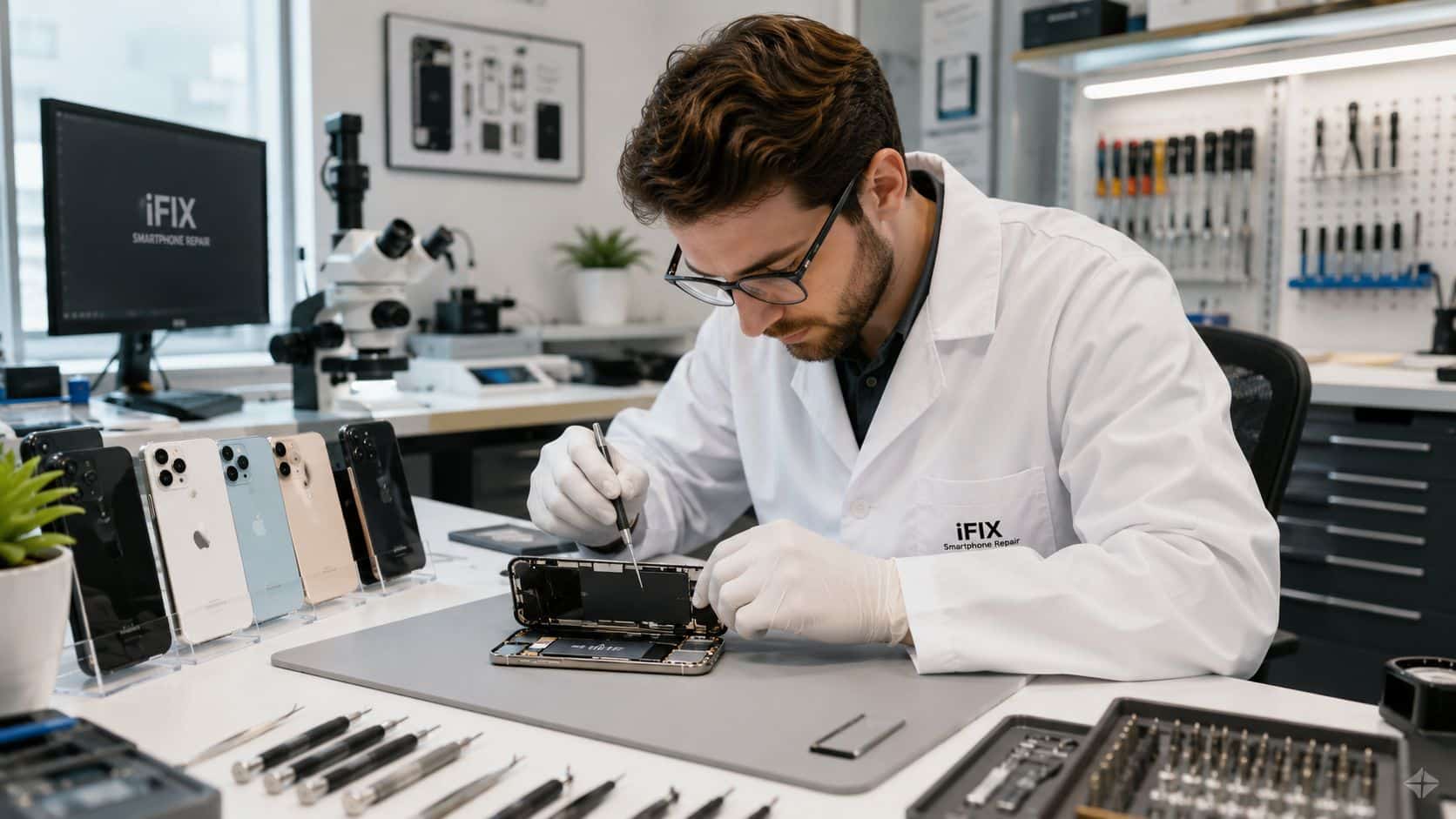 Refurbished iPhones for Students UK: Your 2026 Guide 57 A technician wearing a lab coat repairs a smartphone at an iFIX smartphone repair workbench with tools.