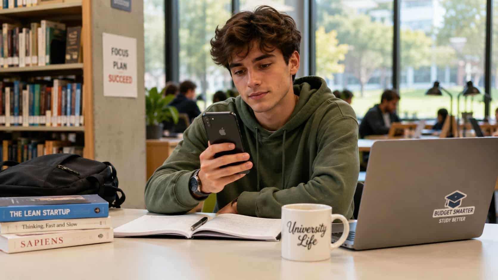 Refurbished iPhones for Students UK: Your 2026 Guide 55 A male university student sitting in a library using his smartphone while studying with a laptop.