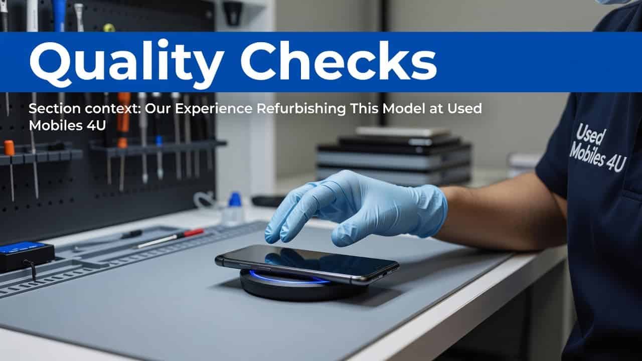 Best Refurbished Phones with Wireless Charging Under £250 1 A technician carefully monitors a smartphone resting on a wireless charging pad within a sterile workshop. Tools and diagnostic equipment are neatly arranged on the workbench under bright, clinical studio lighting.