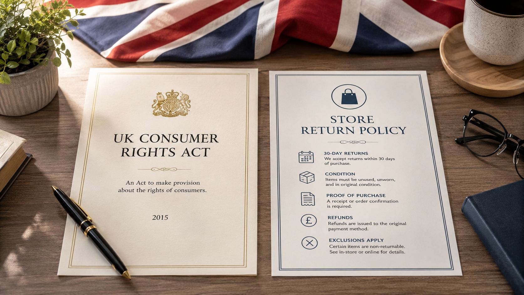 Refurbished Phones 30 Day Returns UK: Your Guide to Easy 1 A document displaying the UK Consumer Rights Act and a store return policy on a wooden desk.