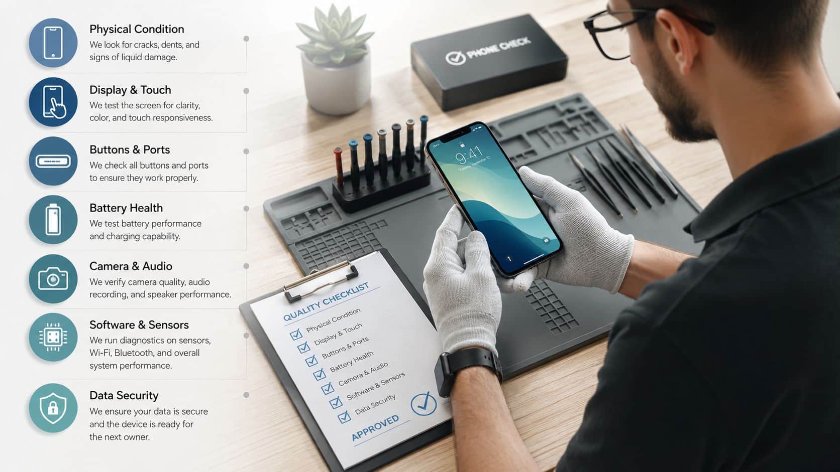 Refurbished Phones 30 Day Returns UK: Your Guide to Easy 4 A technician wearing white gloves inspecting a smartphone and checking off items on a quality checklist.
