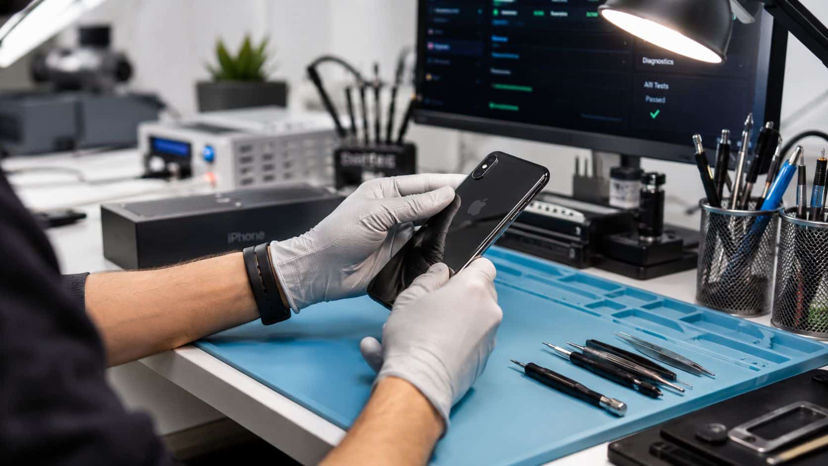 Refurbished Phones 30 Day Returns UK: Your Guide to Easy 3 A technician wearing white gloves inspecting a refurbished black iPhone at a professional repair workshop desk.