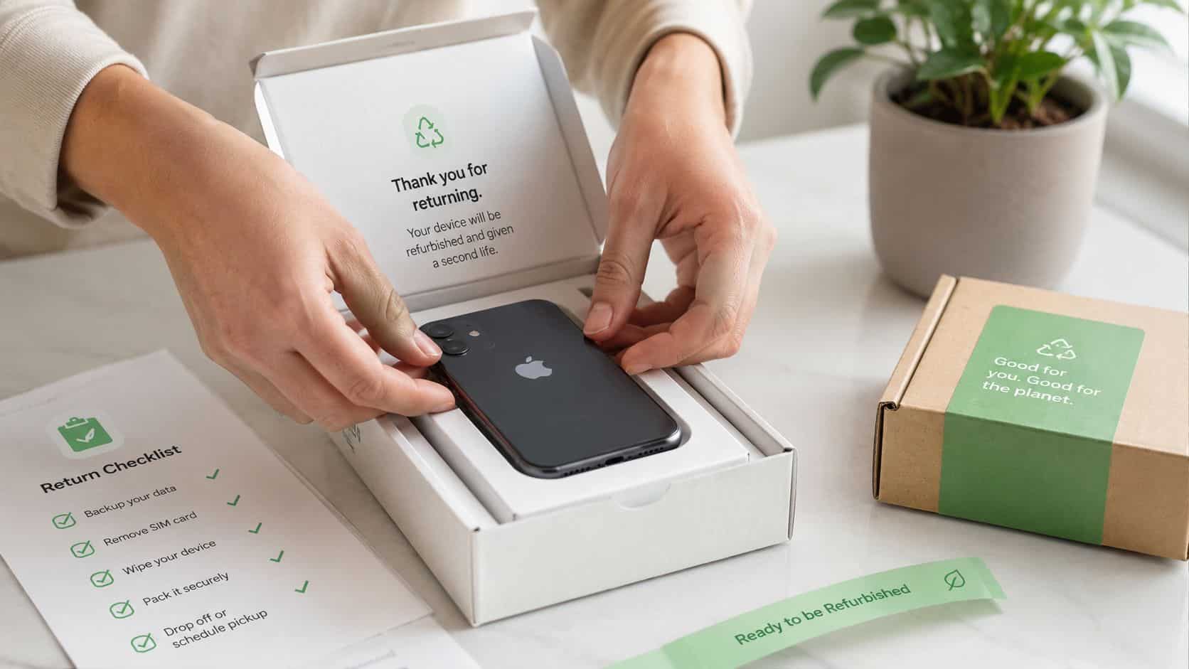 Refurbished Phones 30 Day Returns UK: Your Guide to Easy 2 A person placing an Apple iPhone into a return box with a recycling-themed checklist nearby.