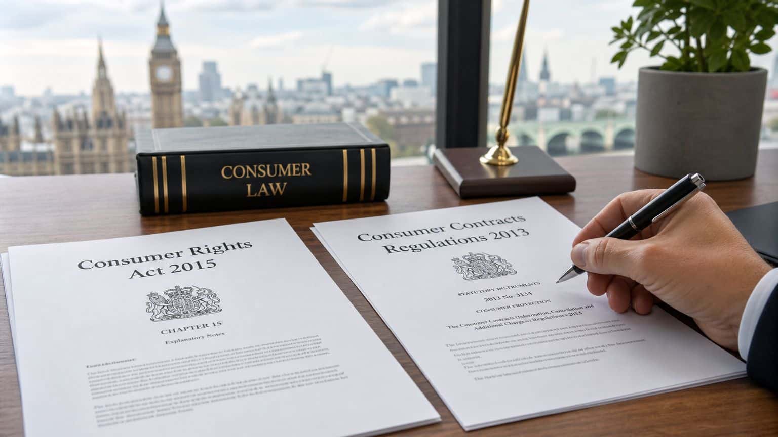 Refurbished Phones Returns Policy UK: Your Rights Explained 1 A legal professional reviews UK consumer law documents on a desk with a London cityscape view.