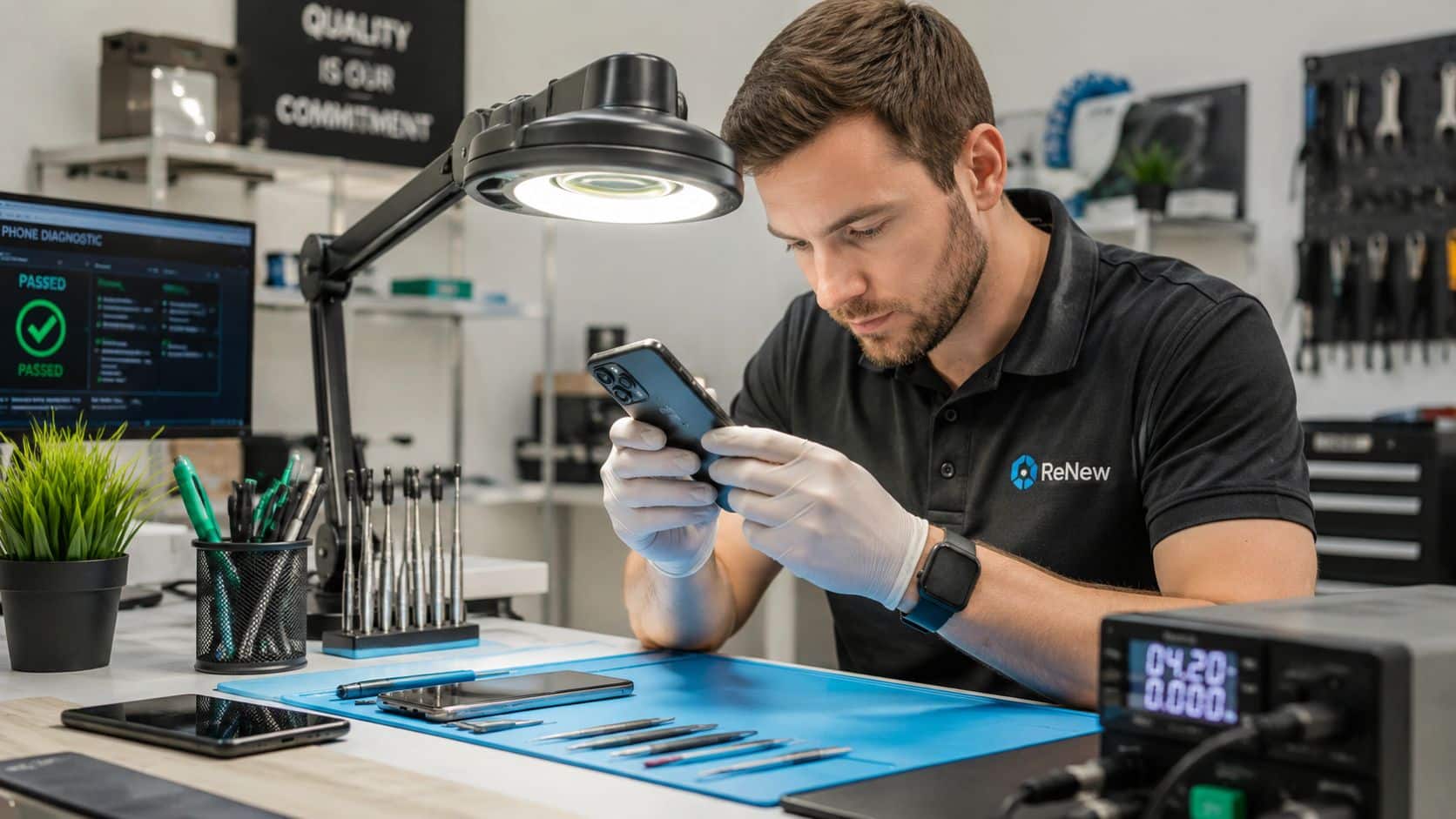 Refurbished Phones Returns Policy UK: Your Rights Explained 3 A technician wearing white gloves carefully inspects a refurbished smartphone under a magnifying lamp in a workshop.