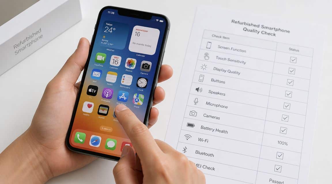 Refurbished Phones with Warranty UK: Your 2026 Guide 4 A person holding a refurbished smartphone next to a completed quality check checklist on paper.
