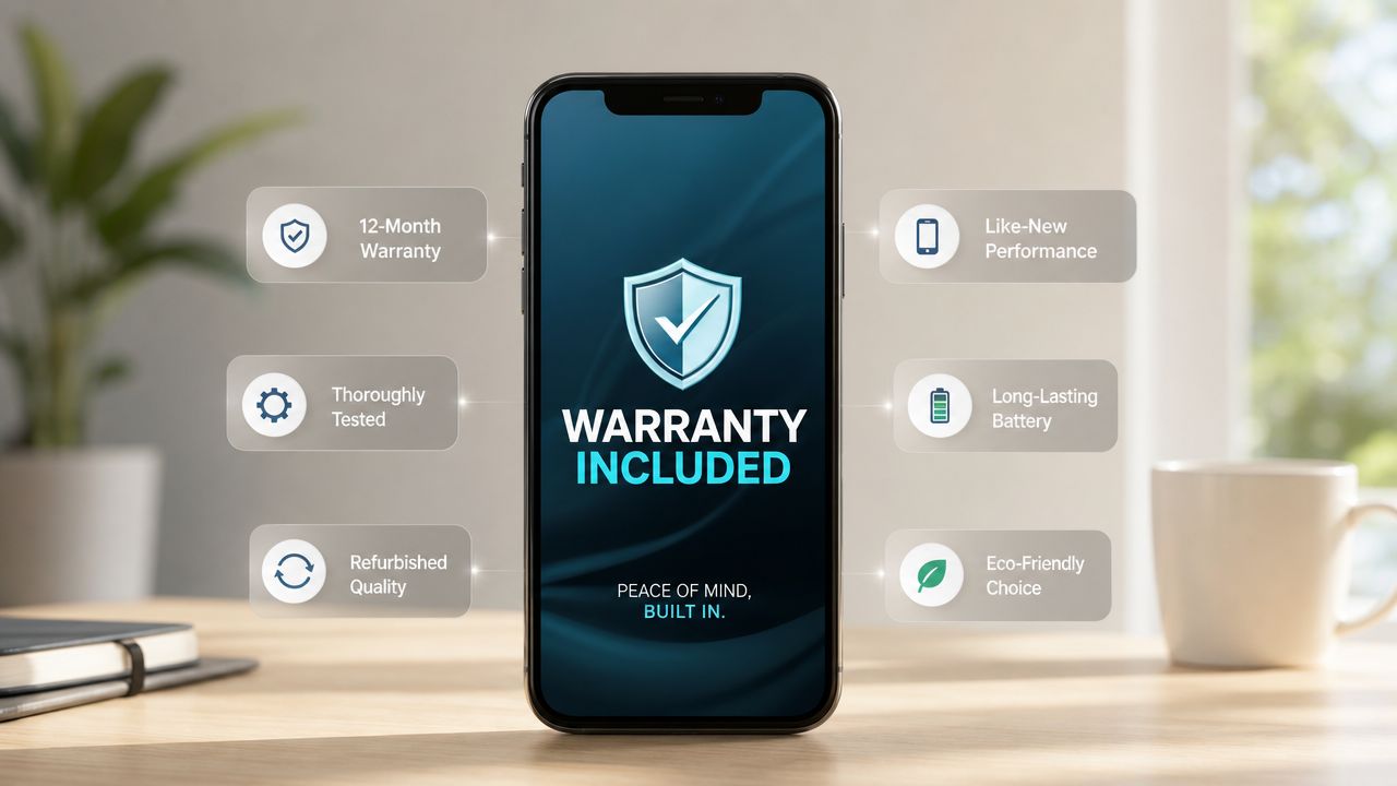 Refurbished Phones with Warranty UK: Guide 2026 1 A smartphone display showcasing refurbished phone benefits including warranty, testing, and eco-friendly quality on a desk.