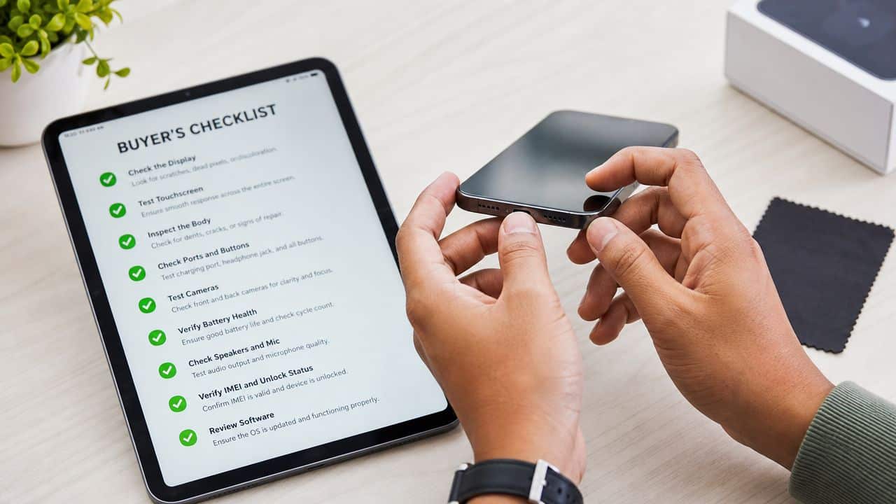 Refurbished Phones with Warranty UK: Guide 2026 3 A person checking a smartphone against a buyer's checklist on a tablet screen before purchase.