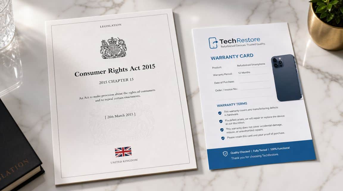 Refurbished Phones with Warranty UK: Your 2026 Guide 2 A document titled Consumer Rights Act 2015 alongside a TechRestore warranty card for a refurbished smartphone.