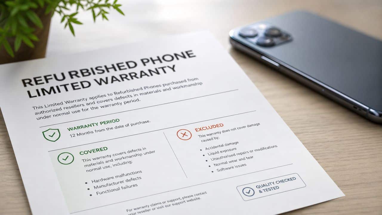 Refurbished Phones with Warranty UK: Your 2026 Guide 1 A document detailing a limited warranty for refurbished phones next to a smartphone on a desk.
