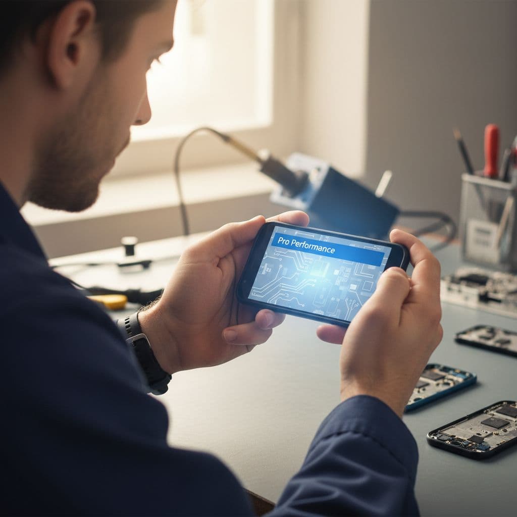 Refurbished iPhone 11 Pro Max Buyer's Guide for the UK 2026 1 A technician holds a sleek black smartphone while examining the screen under soft ambient light. The workshop environment includes organised tools in the background to emphasise quality control and professional care.