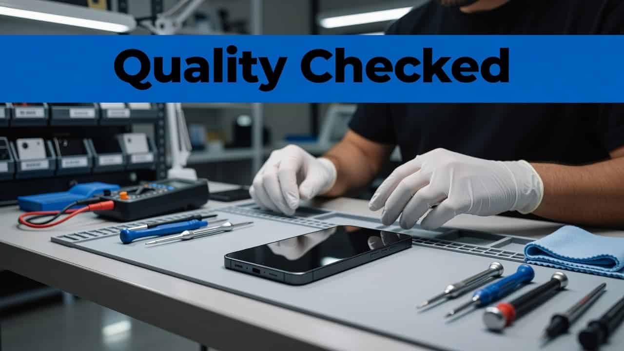 Refurbished Samsung Galaxy A35 Buyer's Guide for the UK in 2026 1 A clean Samsung Galaxy smartphone rests on a professional workshop workbench. Soft-focused technician hands hover in the background, while a bold blue headline indicates the device has passed rigorous inspection steps.