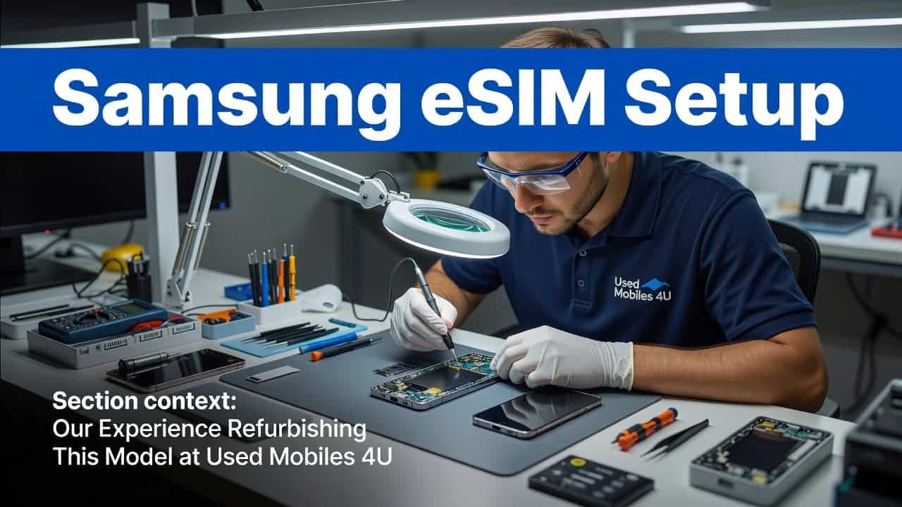 Samsung eSIM UK: Which Refurbished Models Support It 1 A technician wears precision tools while inspecting a modern Samsung smartphone on a tidy workbench. A bold blue banner at the top displays clear text regarding eSIM configuration for the device.