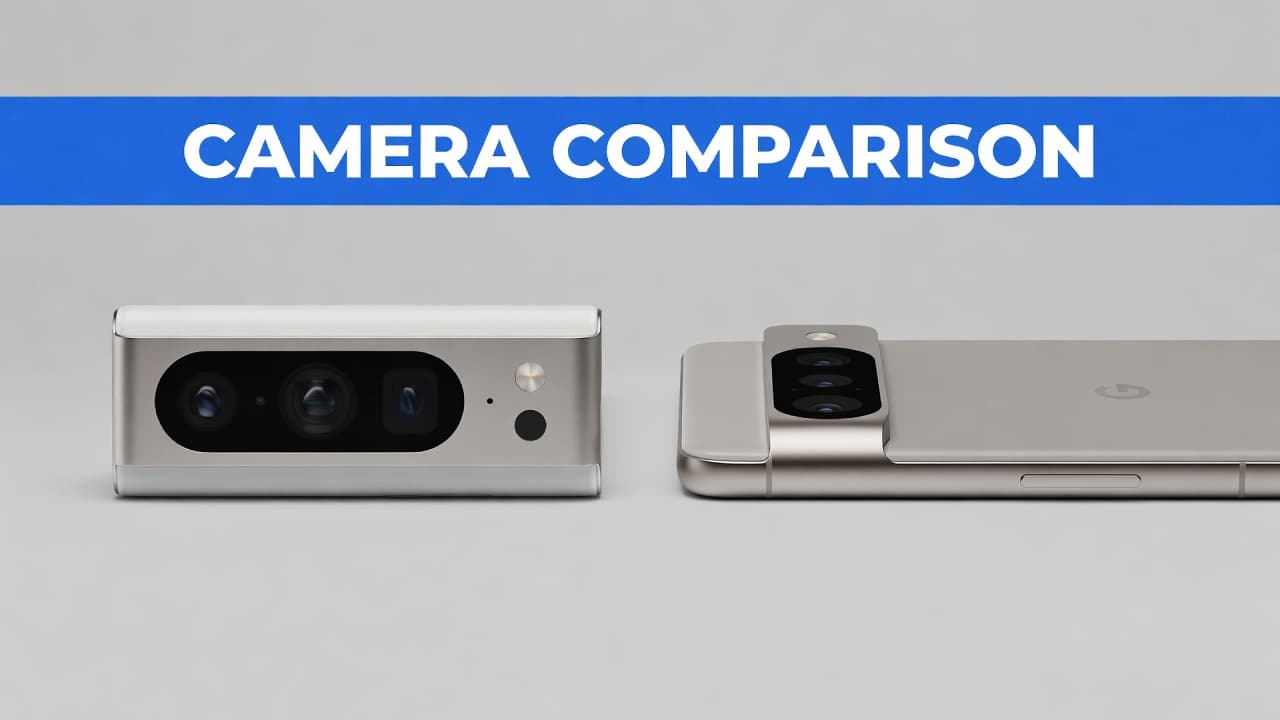 Two sophisticated smartphone camera modules are displayed side by side against a clean, neutral backdrop. A bold blue horizontal banner labeled Camera Comparison stretches across the top of the frame.
