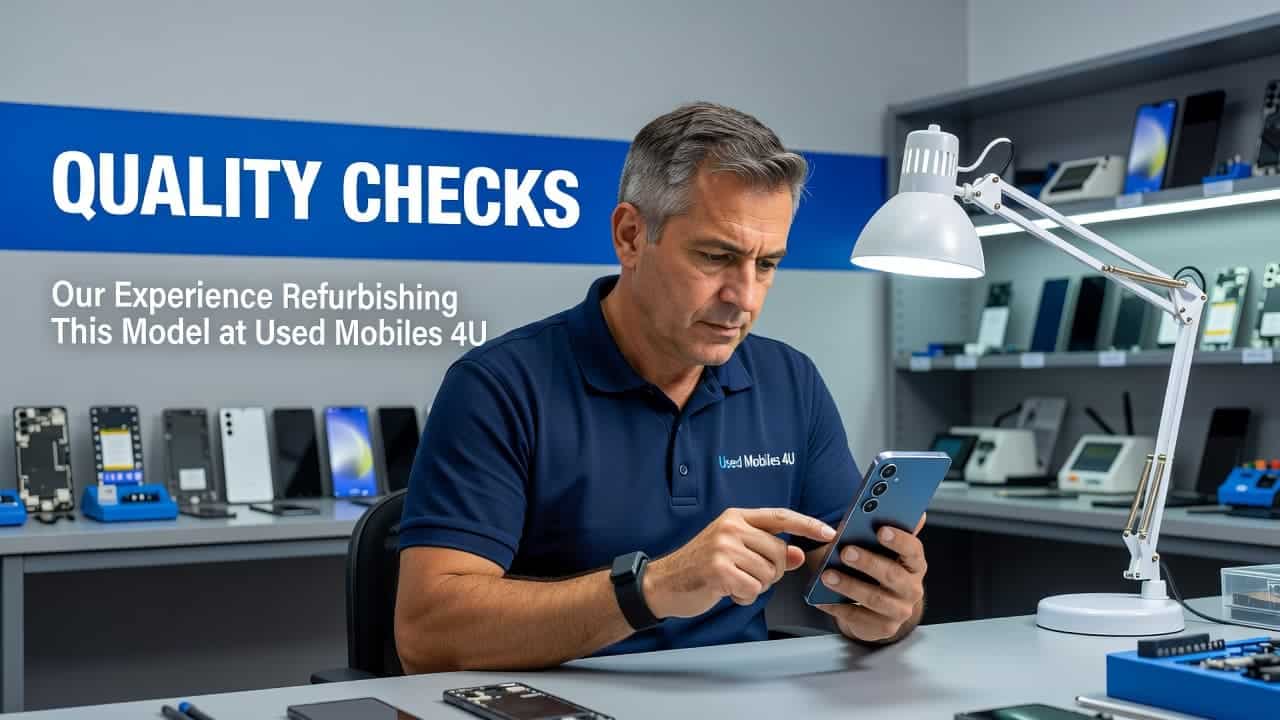 Refurbished Samsung Galaxy S24 FE Buyer's Guide 2026 1 A technician wearing professional attire meticulously examines a Samsung Galaxy S24 FE under bright workshop lighting. He focuses closely on the screen and camera housing to ensure complete functional integrity.