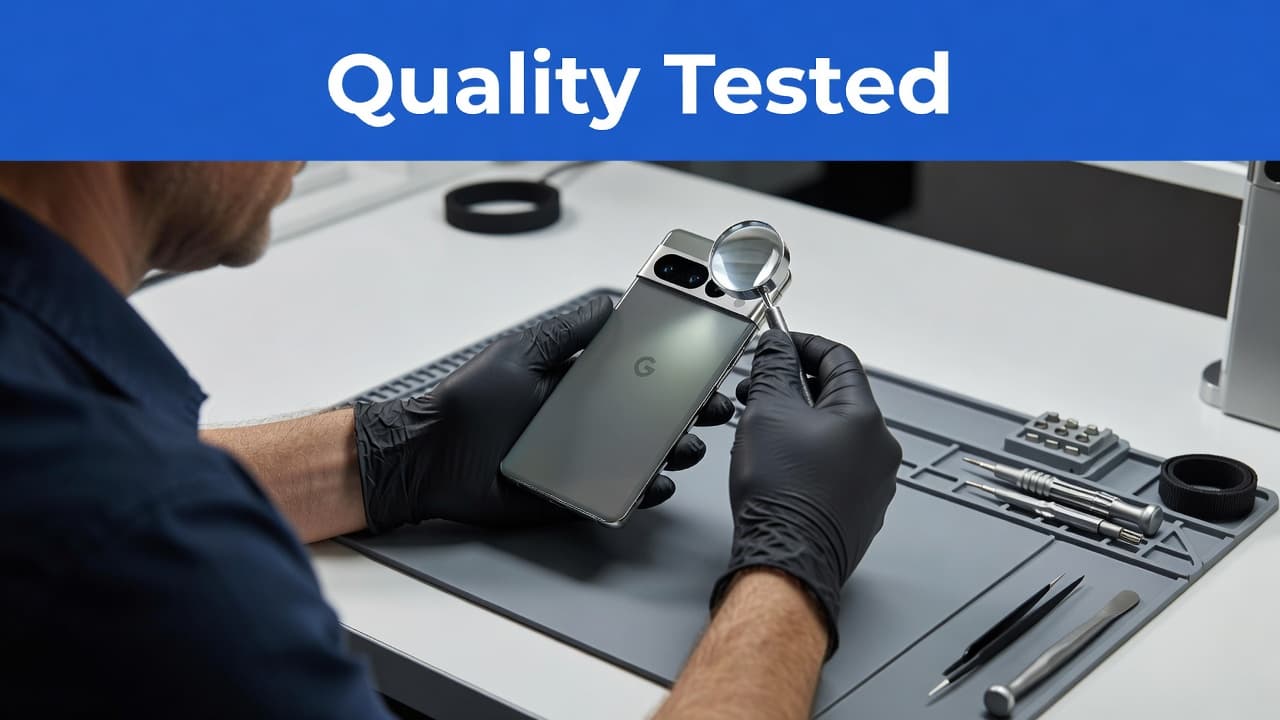 A technician holds a sleek Google Pixel 8 Pro on a clean workbench, carefully inspecting the device. Above the workspace, a bold blue banner features the white text Quality Tested.