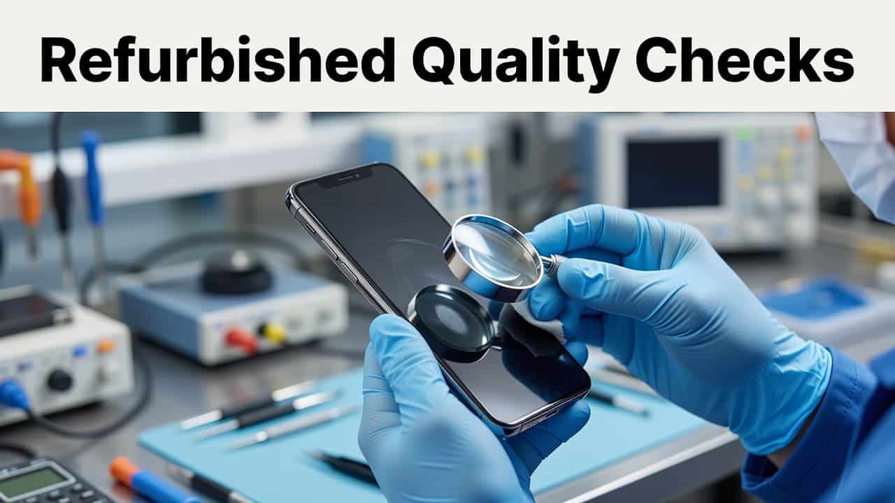 Refurbished iPhone 12 Pro Max Buyer's Guide For The UK 2026 1 A technician wears clean gloves to meticulously examine a high-end smartphone screen in a bright lab. Tools and organized work surfaces create a professional environment for thorough mobile device testing.