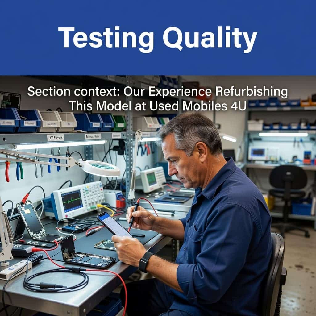 Refurbished Google Pixel 7 Buyer's Guide for the UK 2026 2 A focused technician in a professional workshop carefully examines a smartphone screen. A blue header at the top of the frame displays bold quality testing text to indicate technical certification standards.