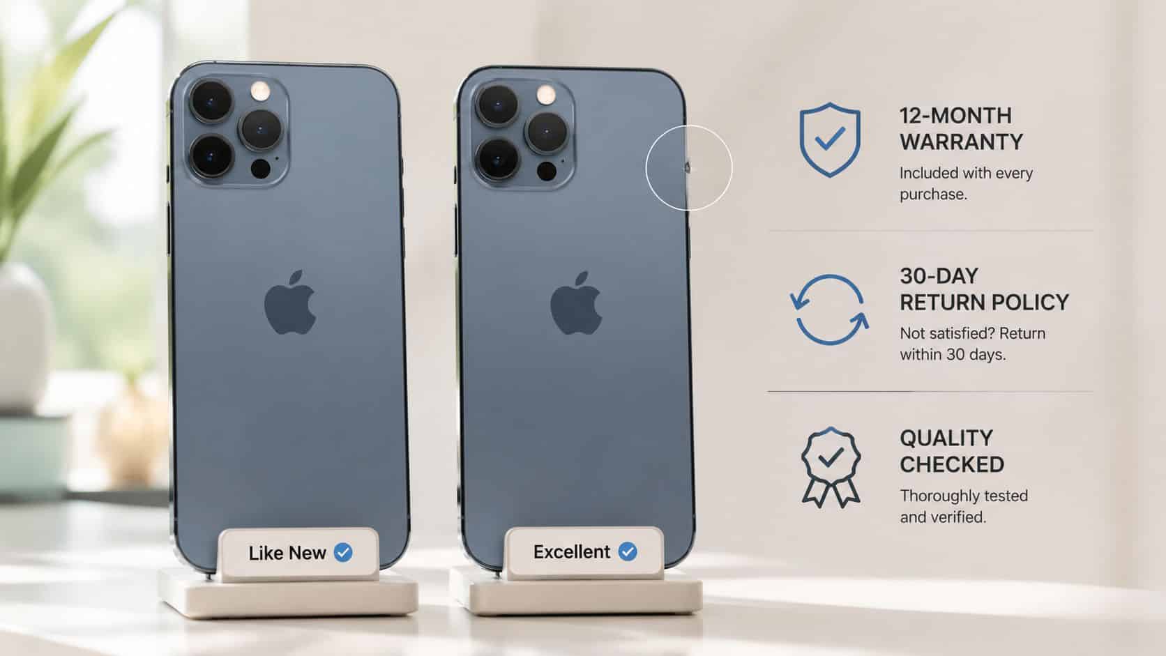 Where to Buy Refurbished iPhones UK Trusted: Guide 2026 2 Two refurbished iPhones standing on display stands with quality guarantee icons and text displayed beside them.