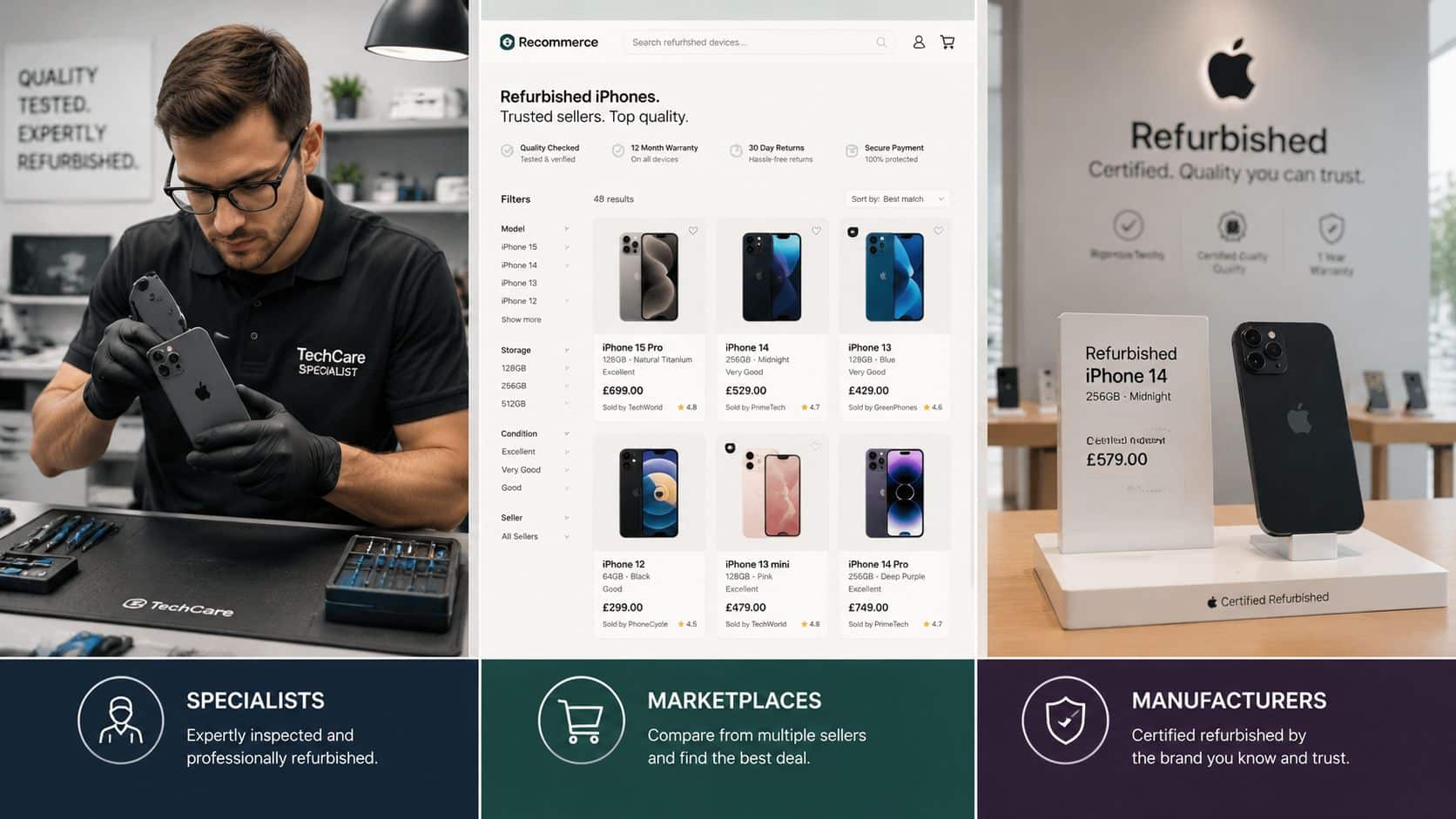 Where to Buy Refurbished iPhones UK Trusted: Guide 2026 1 Collage showing a technician repairing an iPhone, a website listing refurbished phones, and a certified refurbished display.