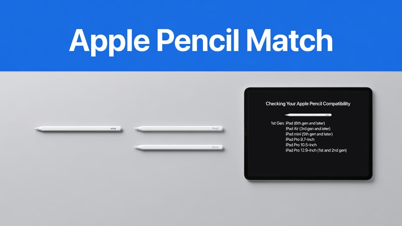 Apple Pencil Compatibility for Refurbished iPads in the UK 1 Three distinct Apple Pencil models are arranged neatly on a sleek surface beside an iPad. A bold blue header featuring white sans-serif text overlays the upper section of the minimalist composition.