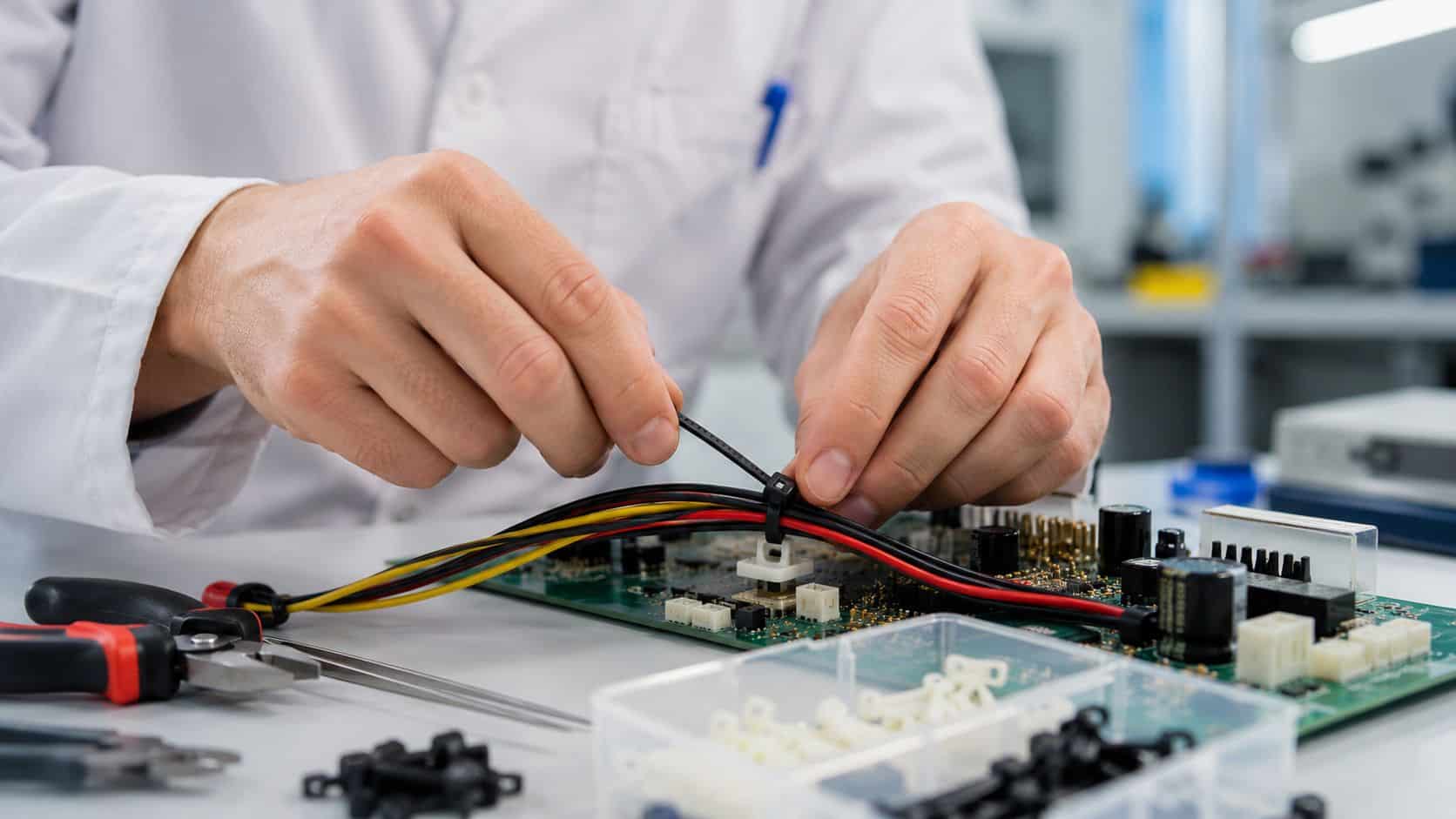Cable Ties Mounts: A Practical Guide for Tidy Cables 2 A technician wearing a white lab coat secures wires onto a circuit board using black cable ties.