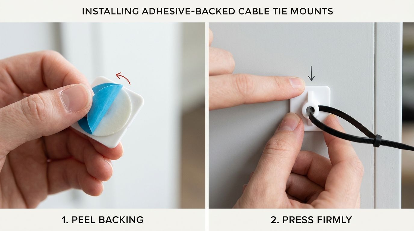 Cable Ties Mounts: A Practical Guide for Tidy Cables 3 Hands demonstrating the two-step installation of an adhesive-backed cable tie mount onto a flat surface.