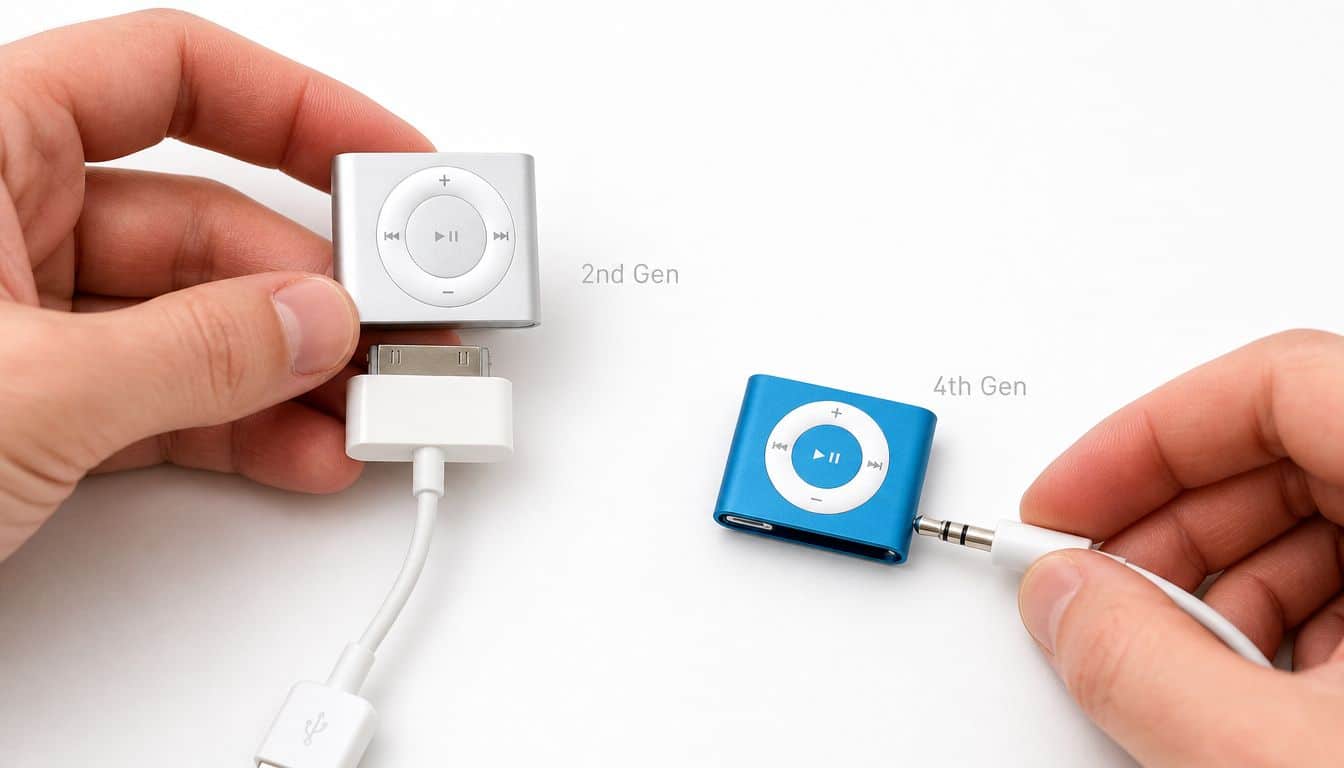 Guide to Charge Ipod Shuffle: Easy Steps 2026 1 A hand holding a silver 2nd generation iPod Shuffle and another hand connecting a cable to a blue 4th generation model.