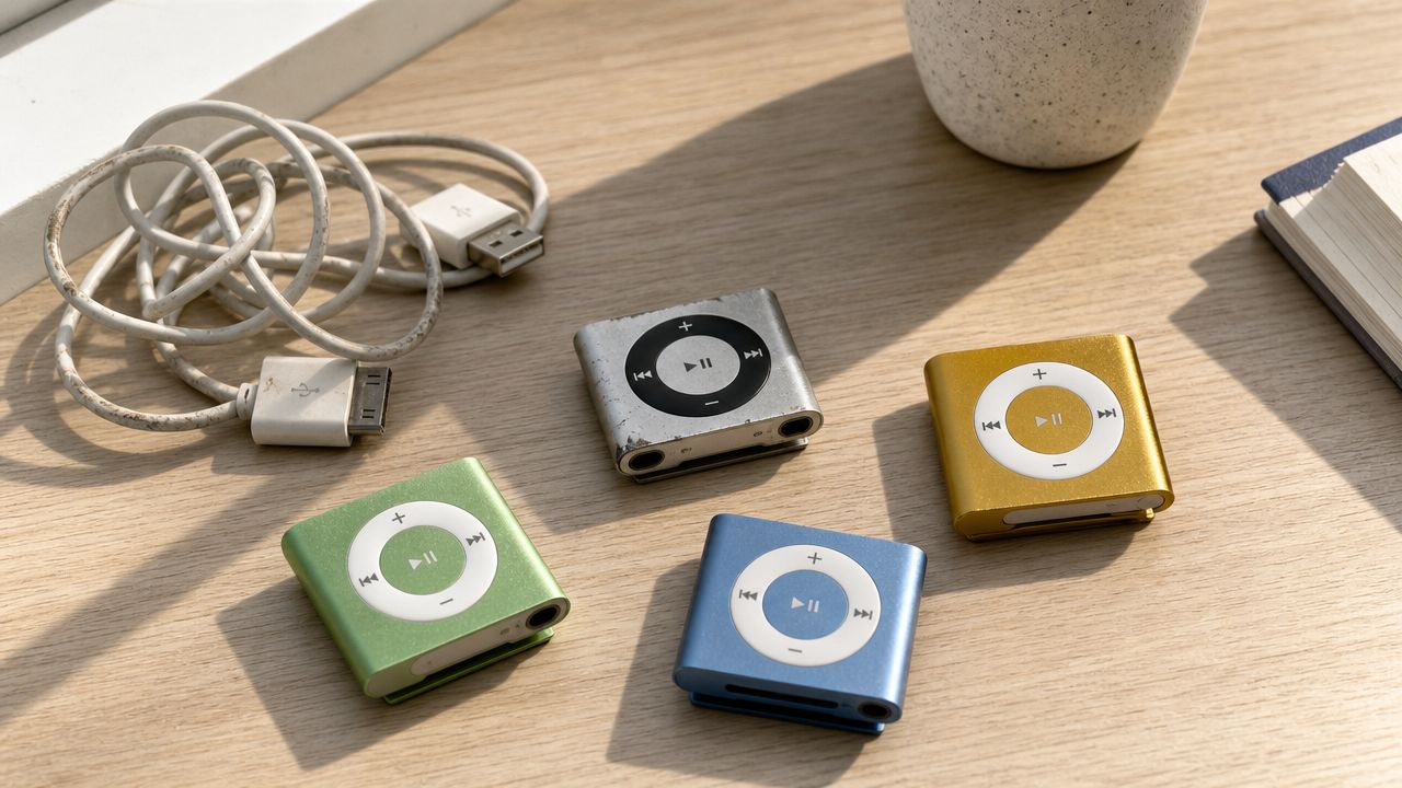 Guide to Charge Ipod Shuffle: Easy Steps 2026 2 A collection of colorful iPod Shuffle music players and a charging cable arranged on a wooden desk.