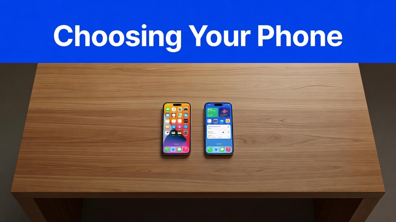 iPhone 16e vs Refurbished iPhone 13 Pro Max 1 Two sleek smartphones rest side-by-side on a clean wooden surface, viewed from directly above. A vibrant blue header with bold sans-serif text introduces the concept of choosing between mobile devices.