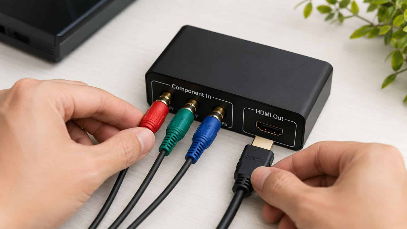 Component to HDMI Converter: Your UK Guide & Fixes 3 A person connecting component cables and an HDMI cable to a signal converter box on a desk.