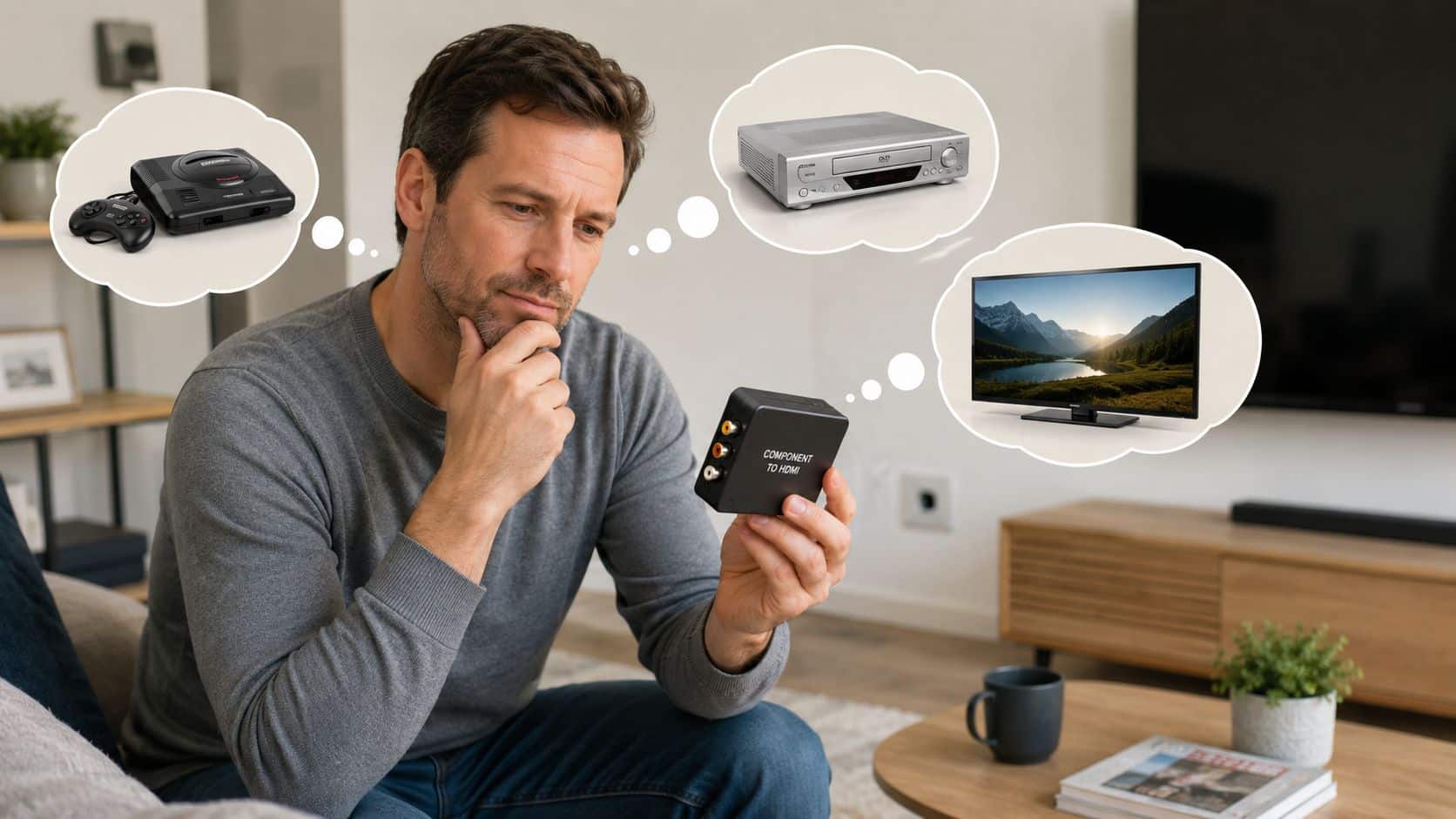 Component to HDMI Converter: Your UK Guide & Fixes 2 A man holds a component to HDMI converter, contemplating connecting vintage game consoles and DVD players to a television.