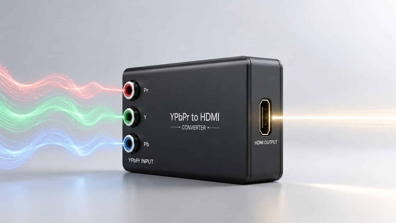 Component to HDMI Converter: Your UK Guide & Fixes 1 A black YPbPr to HDMI converter box shown with glowing light streams representing signal input and output.