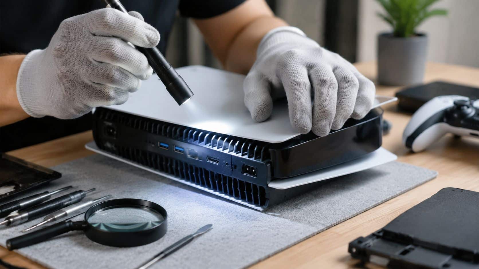 Console Trade in: Your 2026 UK Guide to Max Returns 3 A technician wearing white gloves uses a flashlight to inspect the interior of a disassembled gaming console.